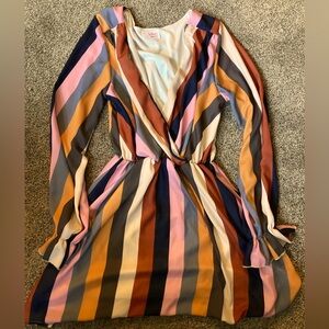 Fantastic Fawn dress sz s striped  mini long sleeve deep v neck multi color